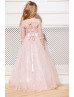 Blush Pink Lace Tulle Corset Back Long Flower Girl Dress